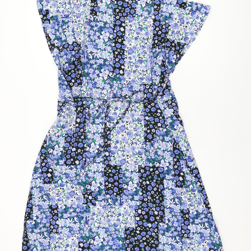 Marks and Spencer Womens Blue Floral Polyester A-Line Size 16 V-Neck Pullover