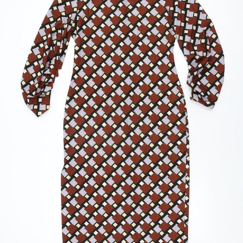Zara Womens Brown Geometric Polyester Maxi Size S Round Neck Zip