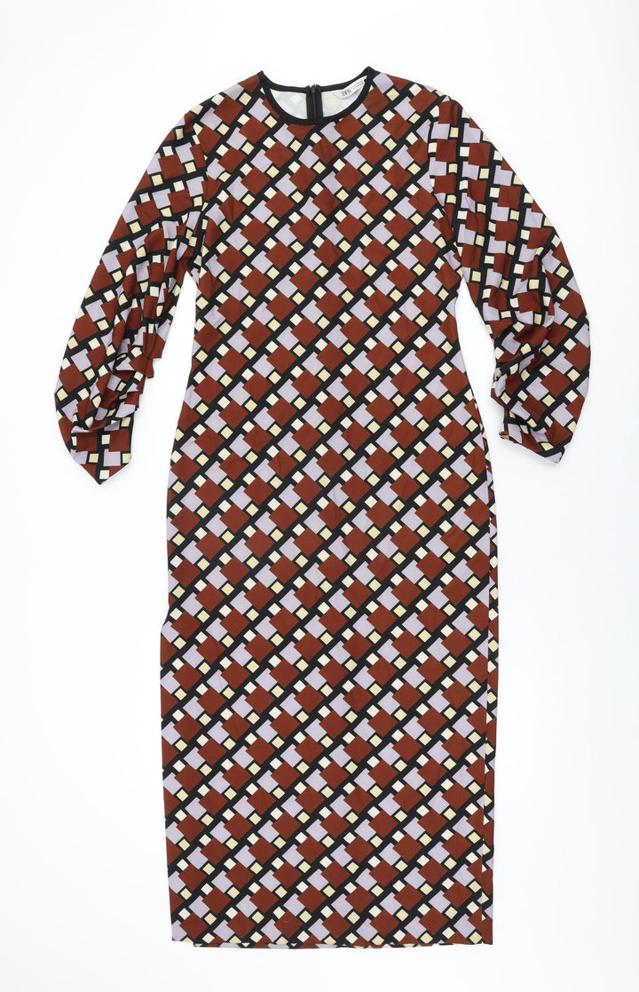 Zara Womens Brown Geometric Polyester Maxi Size S Round Neck Zip