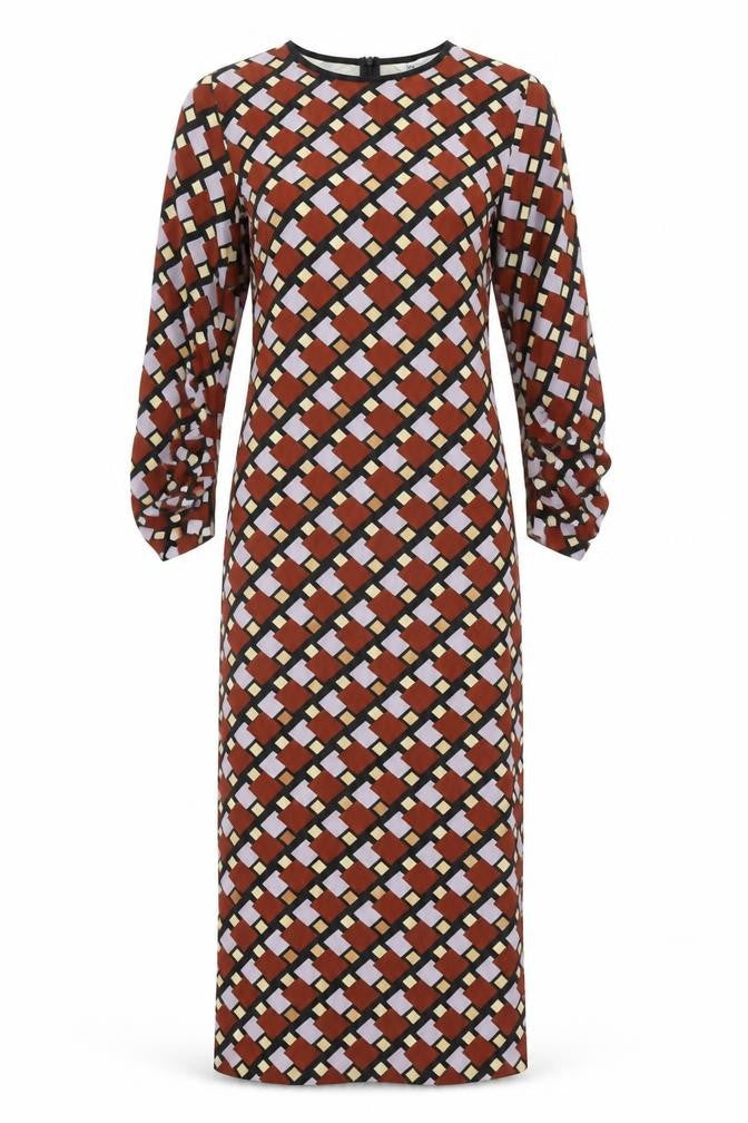 Front view of Zara women’s brown geometric polyester maxi, size S, round neck zip