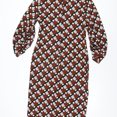 Zara Womens Brown Geometric Polyester Maxi Size S Round Neck Zip