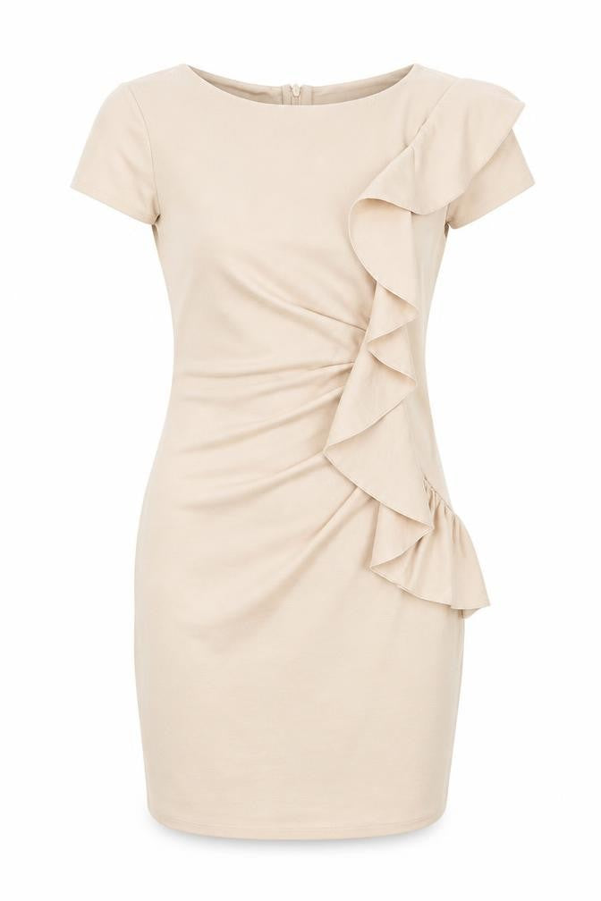 Front view of Goddess women’s beige viscose bodycon, size UK 12, round neck zip
