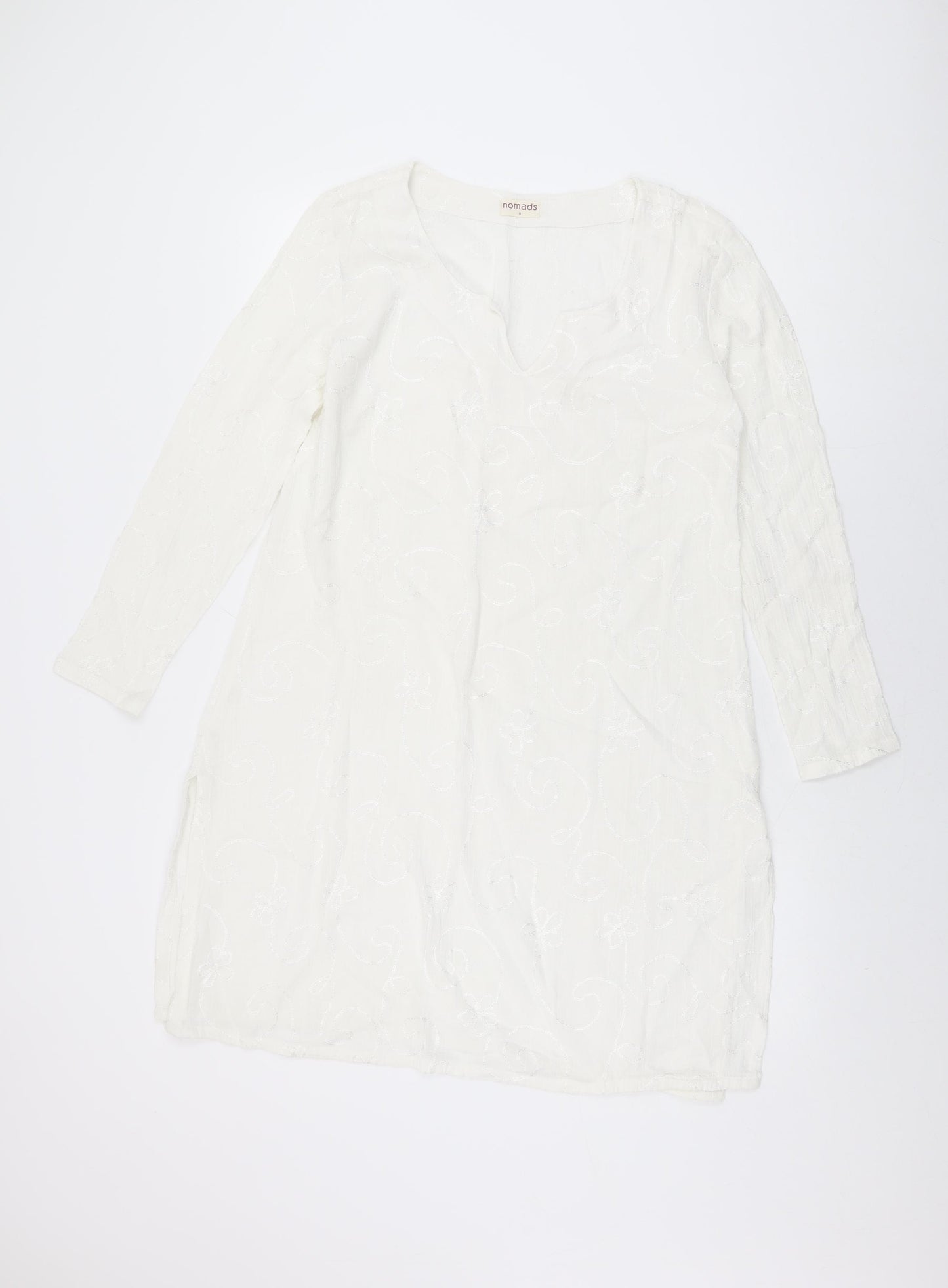 Nomads Womens White Geometric Cotton Tunic T-Shirt Size 8 V-Neck