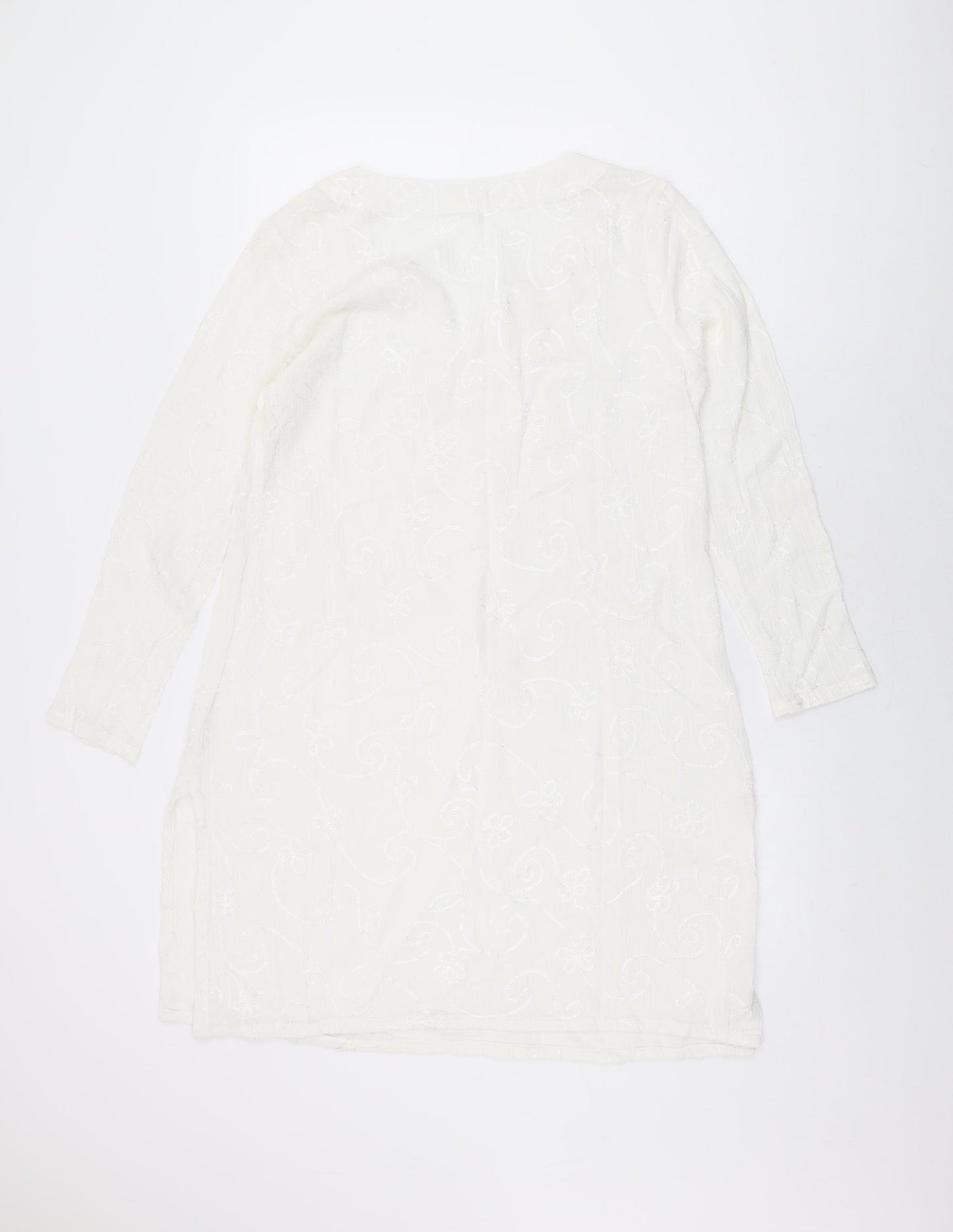 Nomads Womens White Geometric Cotton Tunic T-Shirt Size 8 V-Neck