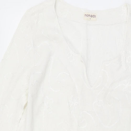Nomads Womens White Geometric Cotton Tunic T-Shirt Size 8 V-Neck