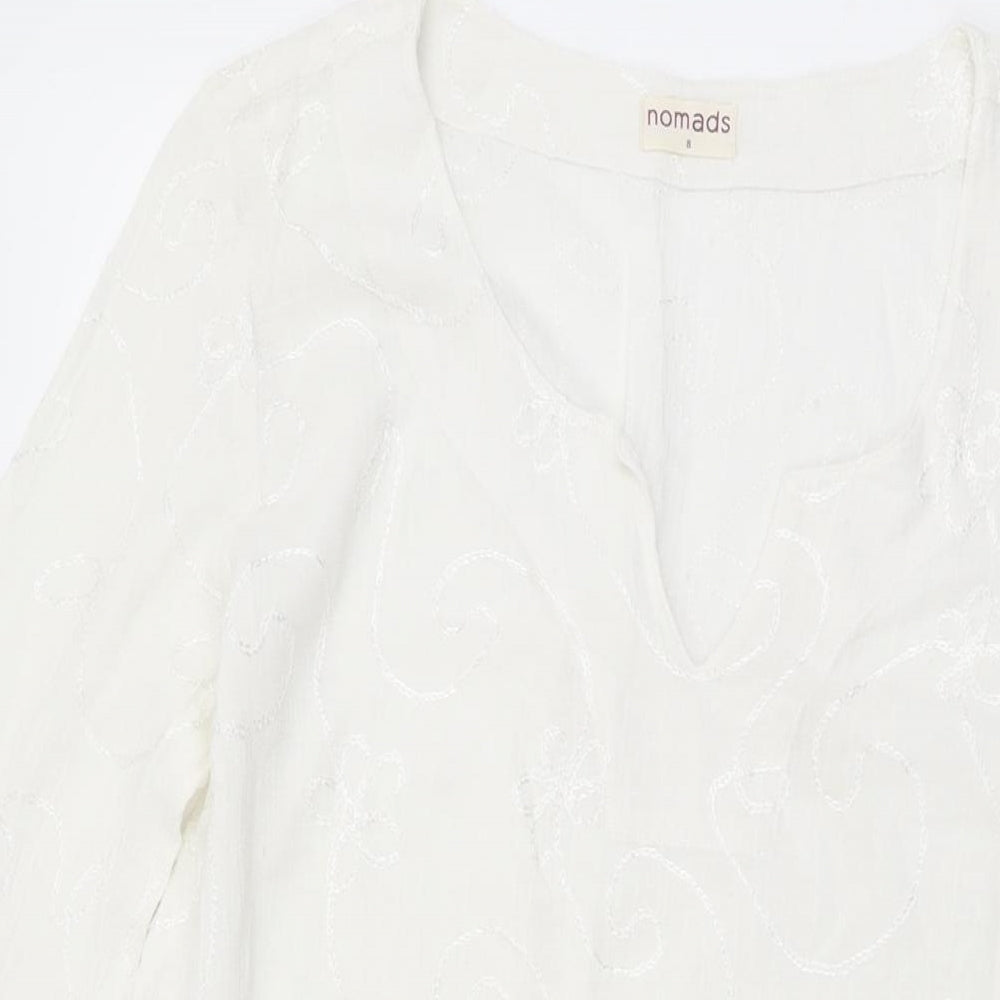 Nomads Womens White Geometric Cotton Tunic T-Shirt Size 8 V-Neck