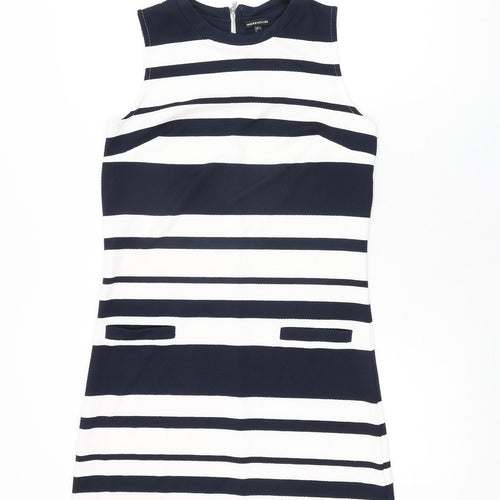 Warehouse Womens White Striped Polyester Shift Size 10 Round Neck Zip