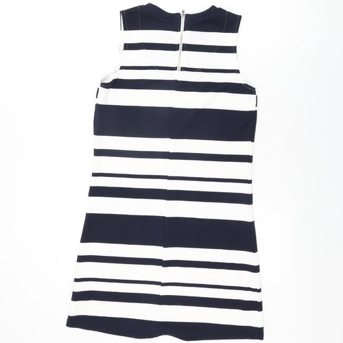 Warehouse Womens White Striped Polyester Shift Size 10 Round Neck Zip