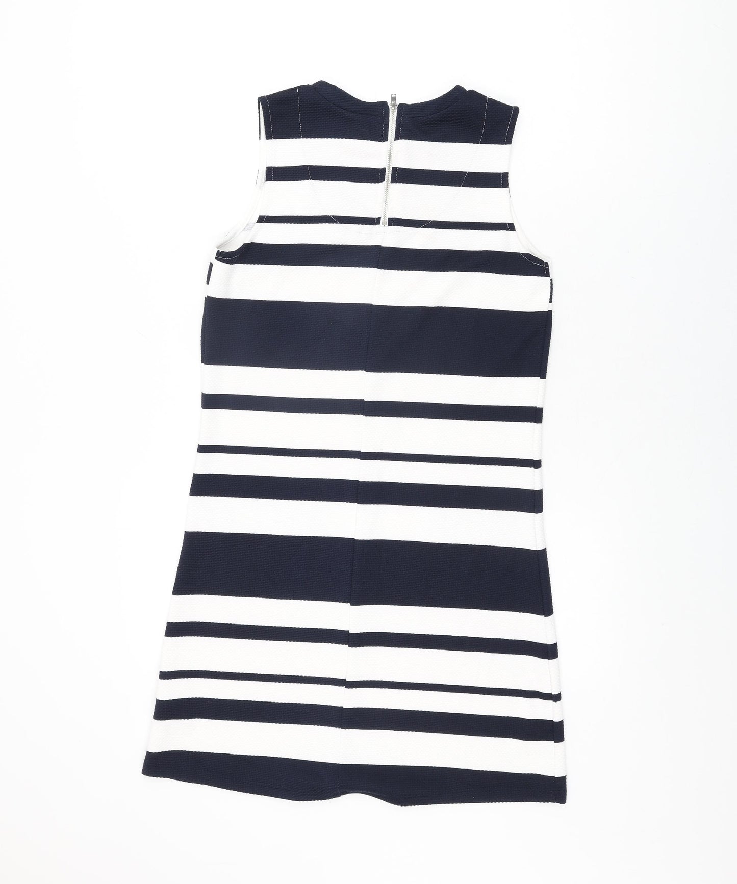 Warehouse Womens White Striped Polyester Shift Size 10 Round Neck Zip