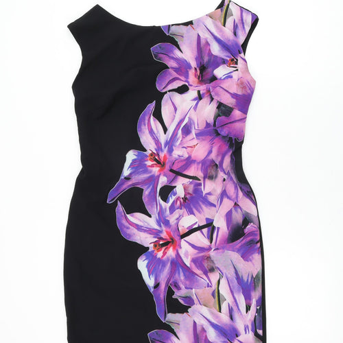 Roman Womens Black Floral Polyester Bodycon Size 12 Boat Neck Zip