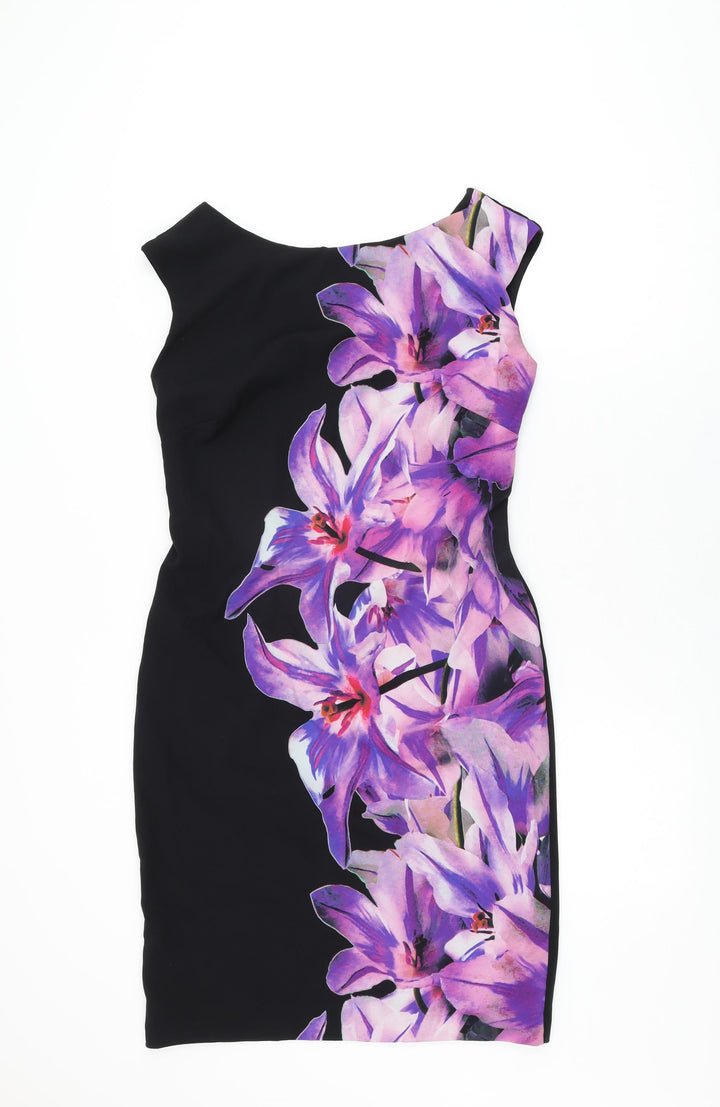Roman Womens Black Floral Polyester Bodycon Size 12 Boat Neck Zip