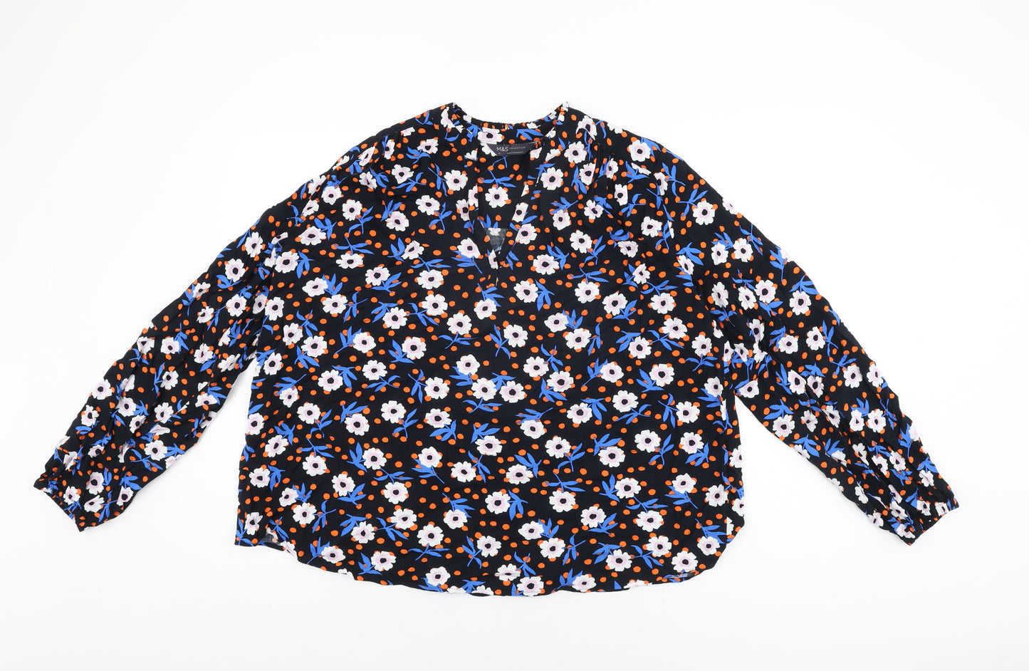 Marks and Spencer Womens Black Floral Viscose Basic T-Shirt Size 16 V-Neck