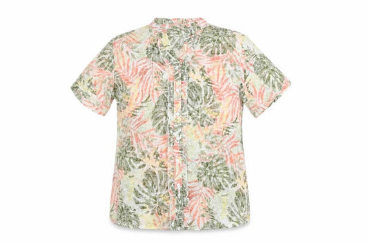 Front view of Isle women’s multicoloured geometric cotton basic button-up, size UK 10, v-neck