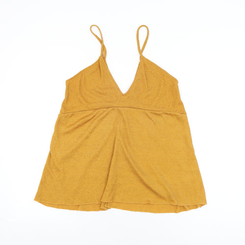 Zara Womens Yellow Polyester Basic T-Shirt Size S V-Neck