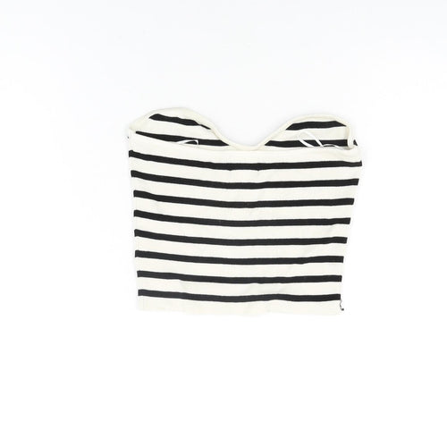 H&M Womens Ivory Striped Viscose Cropped T-Shirt Size M Off the Shoulder