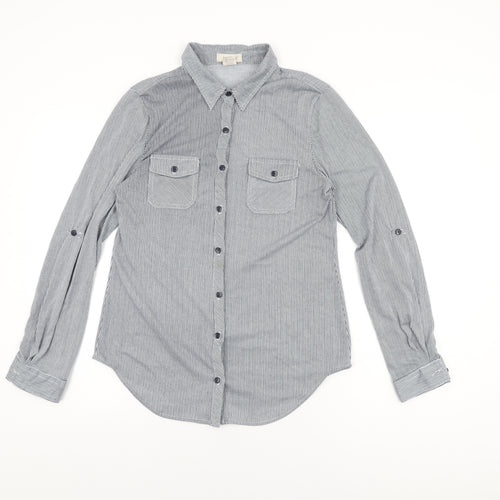 Passport Womens Grey Striped Polyester Basic Button-Up Size M Collared