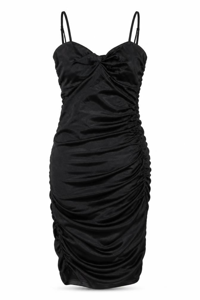 Front view of Quiz women’s black polyester bodycon, size UK 6, v-neck zip