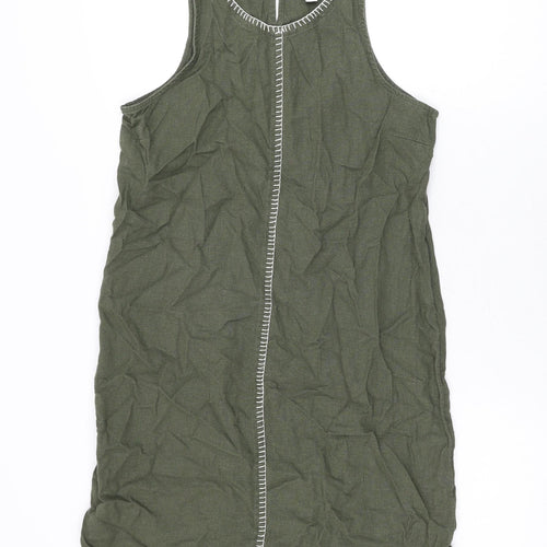Marks and Spencer Womens Green Linen Shift Size 8 Round Neck Button