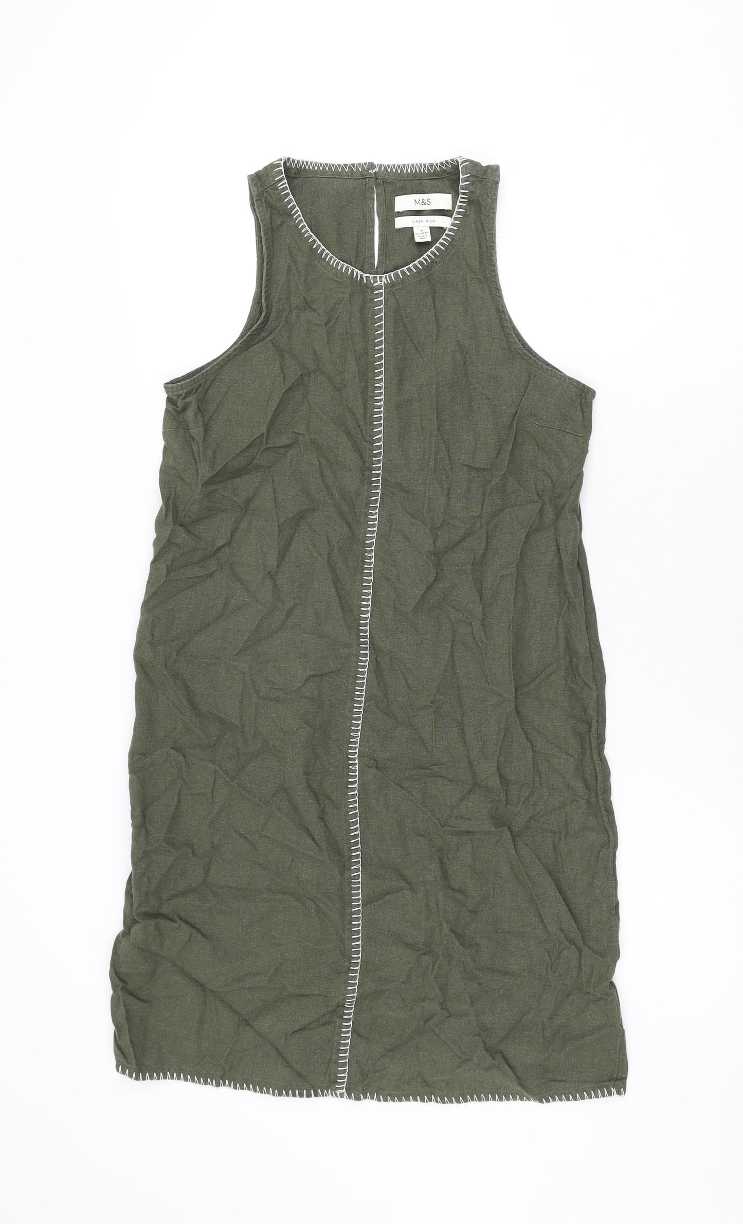 Marks and Spencer Womens Green Linen Shift Size 8 Round Neck Button