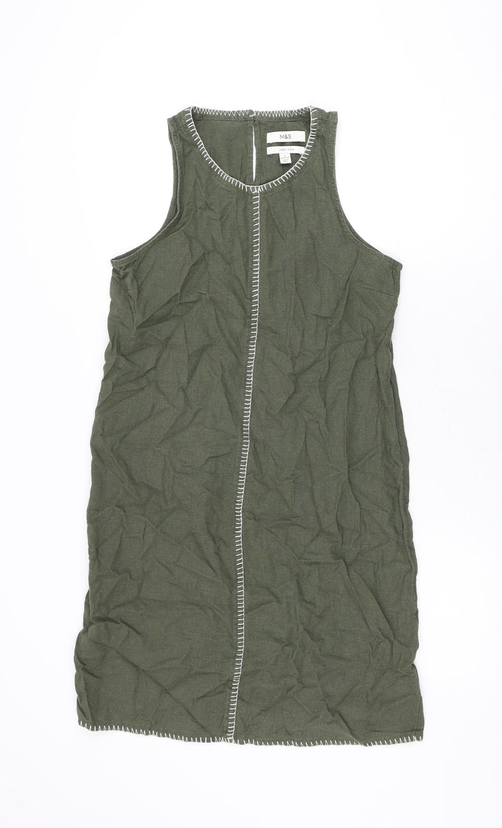 Marks and Spencer Womens Green Linen Shift Size 8 Round Neck Button