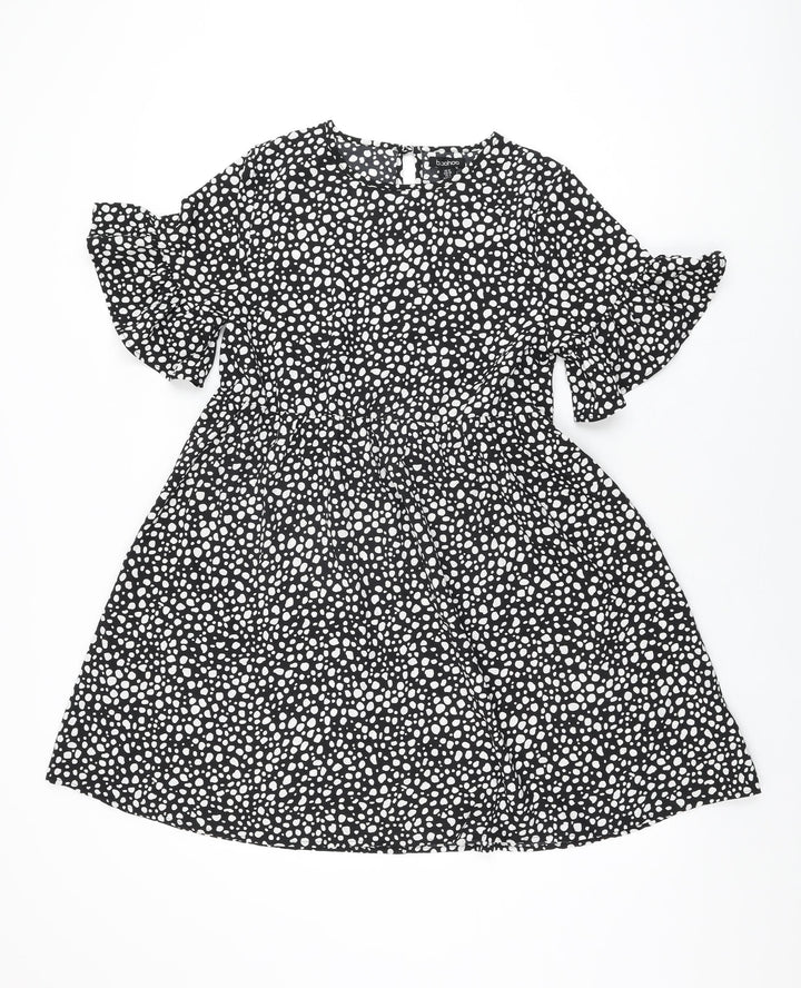 Boohoo Womens Black Geometric Polyester Shift Size 10 Round Neck Button