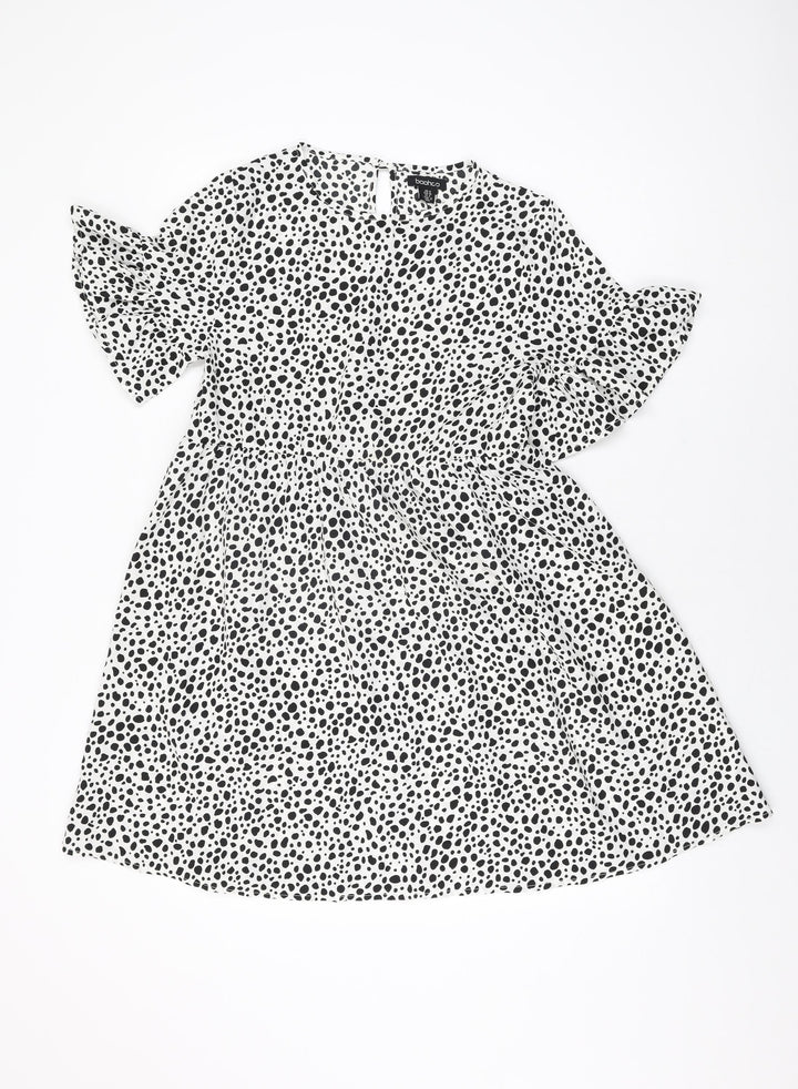 Boohoo Womens White Geometric Polyester Shift Size 10 Round Neck Button