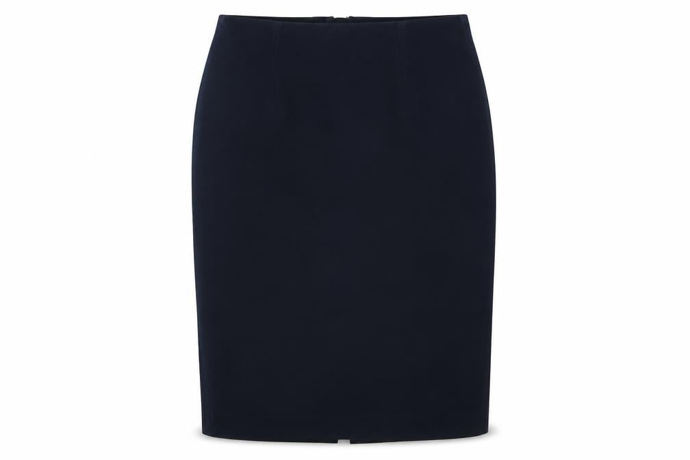 Front view of John Lewis women’s blue polyester straight & pencil skirt, size UK 10, zip