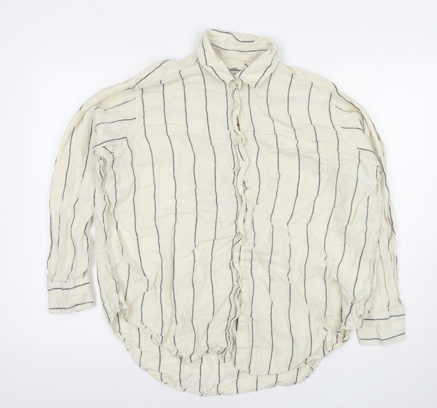 Marks and Spencer Womens Beige Striped Linen Basic Button-Up Size 14 Collared