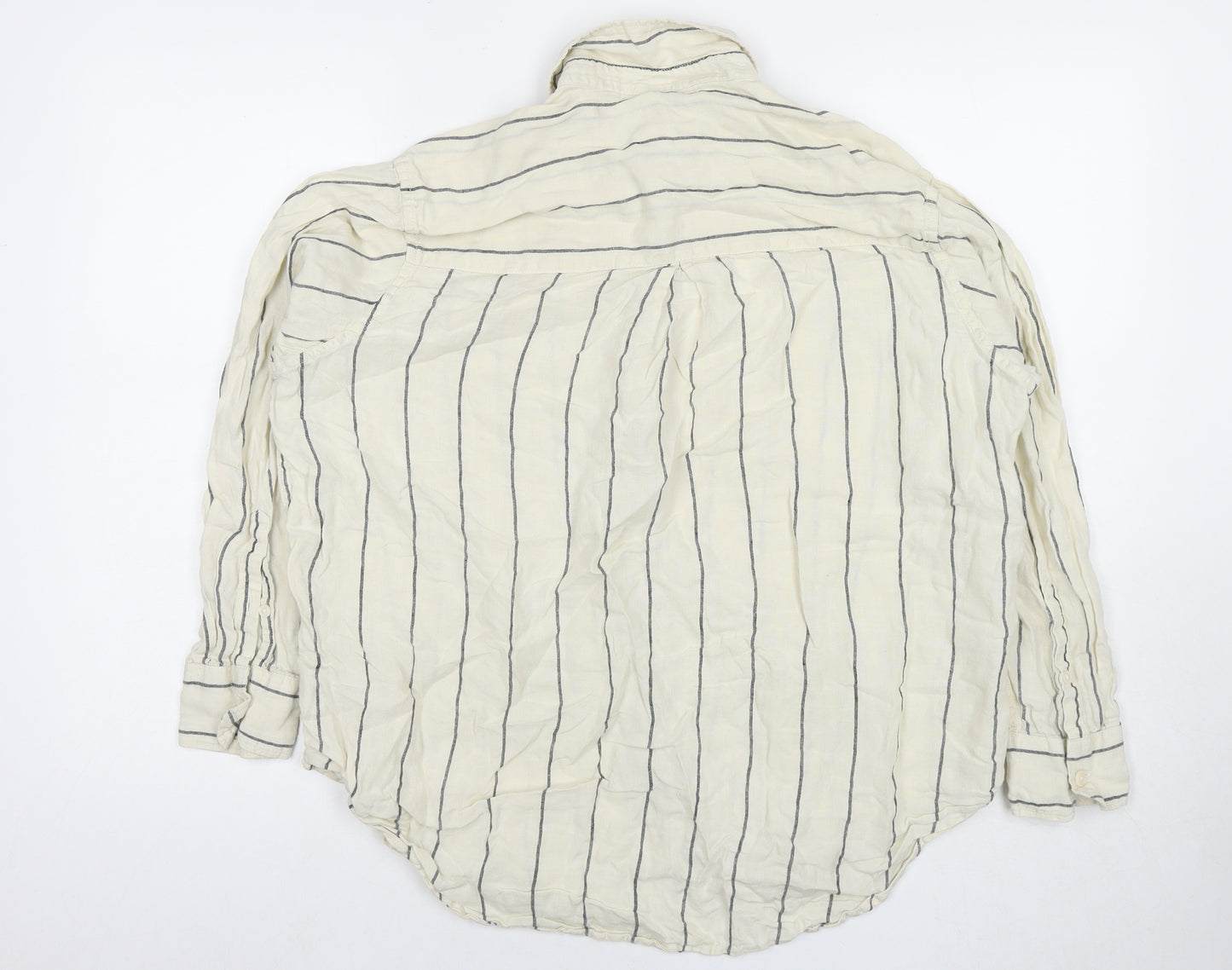 Marks and Spencer Womens Beige Striped Linen Basic Button-Up Size 14 Collared