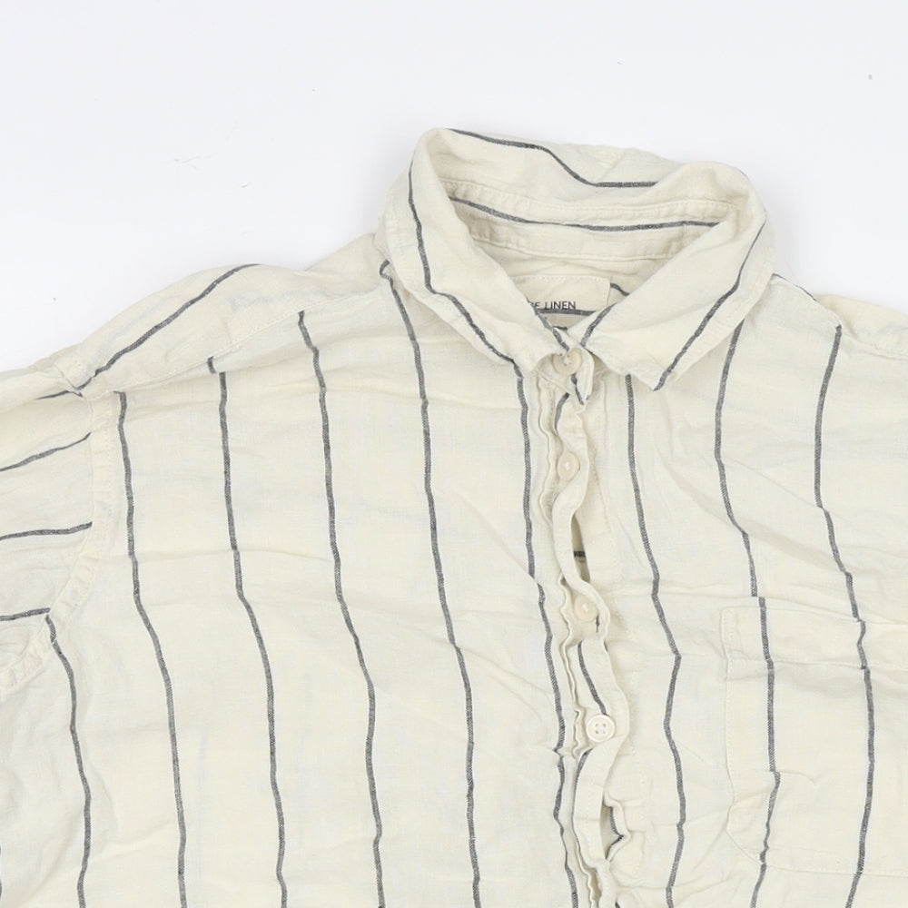 Marks and Spencer Womens Beige Striped Linen Basic Button-Up Size 14 Collared
