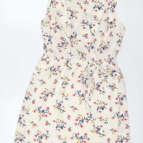 Monteau Womens Ivory Floral Polyester Fit & Flare Size L V-Neck Pullover