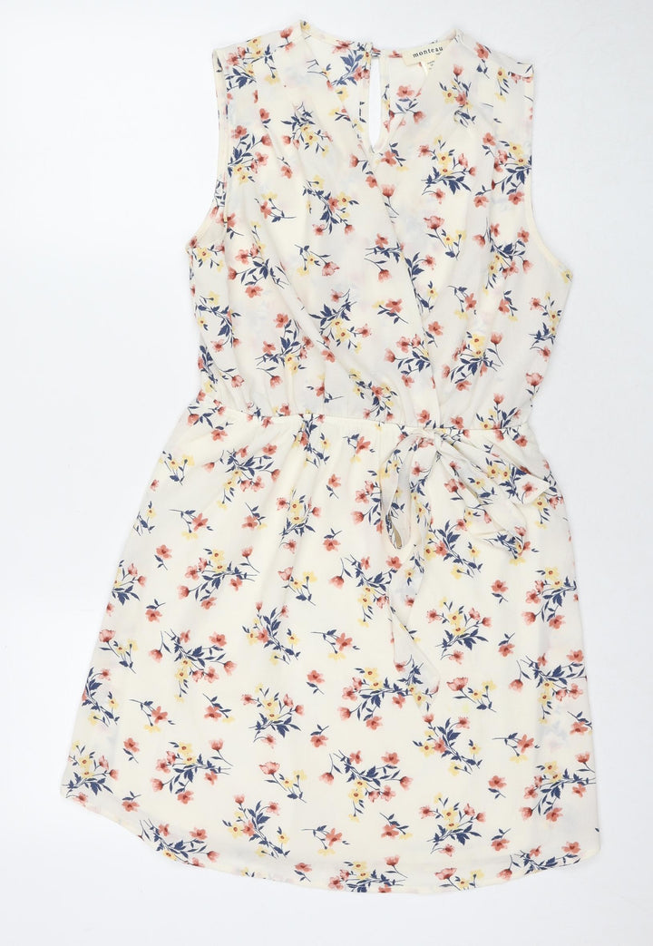 Monteau Womens Ivory Floral Polyester Fit & Flare Size L V-Neck Pullover