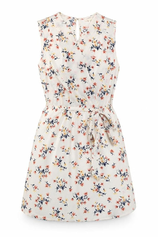 Front view of Monteau women’s ivory floral polyester fit & flare, size L, v-neck pullover