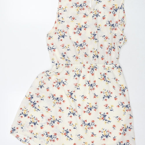 Monteau Womens Ivory Floral Polyester Fit & Flare Size L V-Neck Pullover
