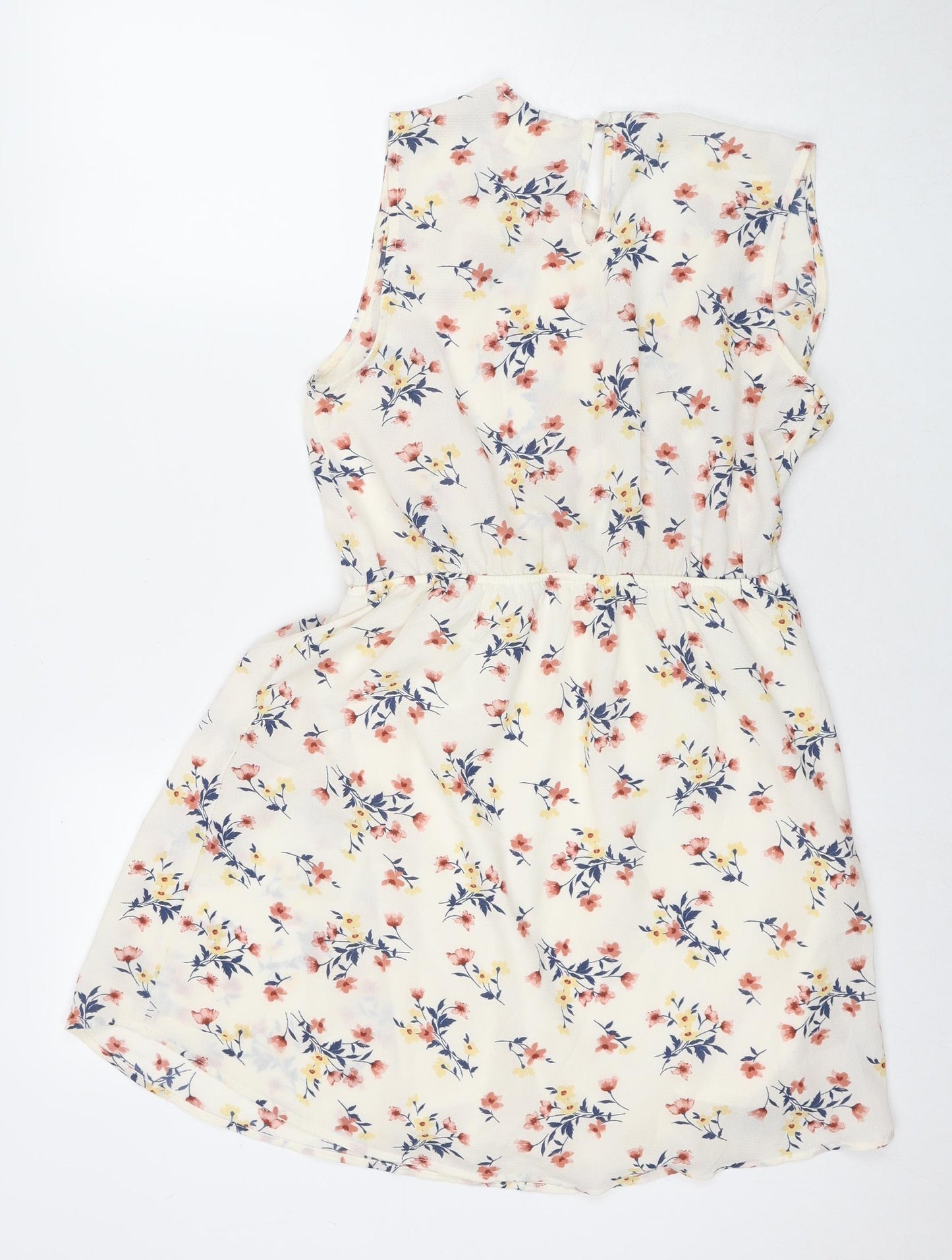 Monteau Womens Ivory Floral Polyester Fit & Flare Size L V-Neck Pullover