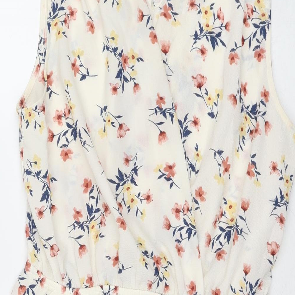Monteau Womens Ivory Floral Polyester Fit & Flare Size L V-Neck Pullover