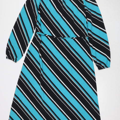 Marks and Spencer Womens Blue Striped Polyester Maxi Size 8 Round Neck Button