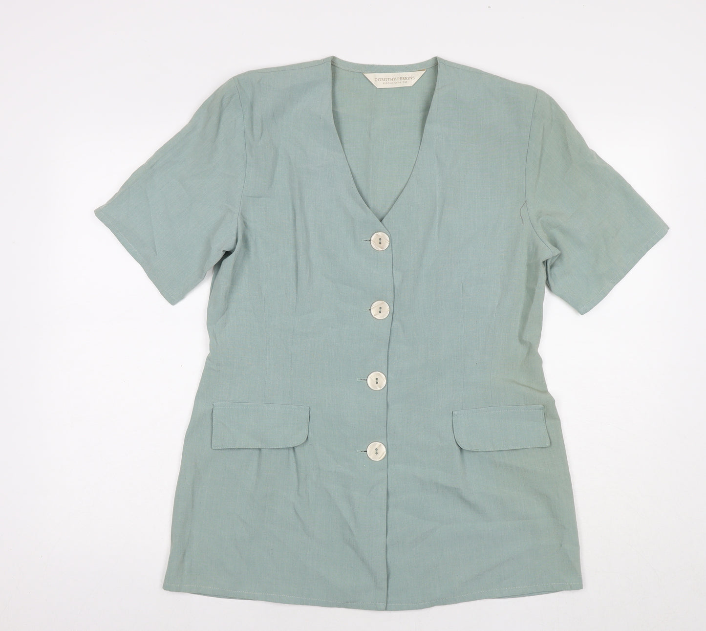 Dorothy Perkins Womens Blue Polyester Basic Button-Up Size 14 V-Neck - Shoulder Pads