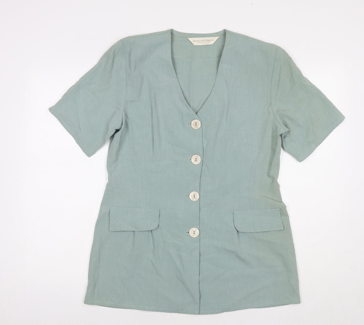 Dorothy Perkins Womens Blue Polyester Basic Button-Up Size 14 V-Neck - Shoulder Pads