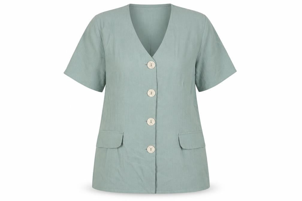 Front view of Dorothy Perkins women’s blue polyester basic button-up, size UK 14, v-neck - shoulder pads