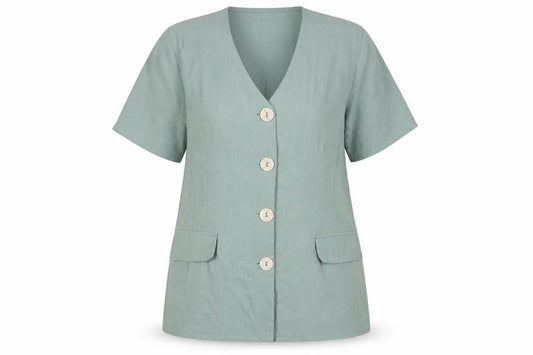 Front view of Dorothy Perkins women’s blue polyester basic button-up, size UK 14, v-neck - shoulder pads