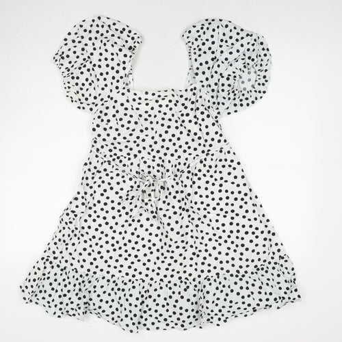 Miss Selfridge Womens White Polka Dot Cotton A-Line Size 10 Square Neck Pullover