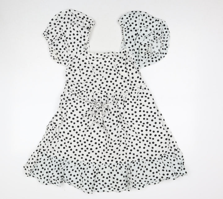 Miss Selfridge Womens White Polka Dot Cotton A-Line Size 10 Square Neck Pullover