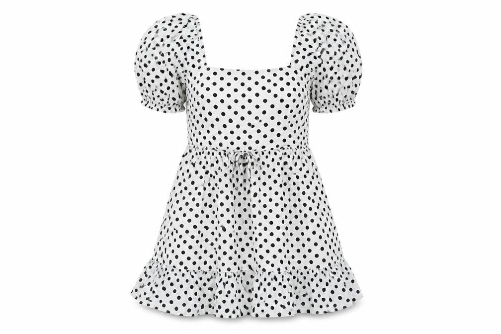 Front view of Miss Selfridge women’s white polka dot cotton a-line, size UK 10, square neck pullover