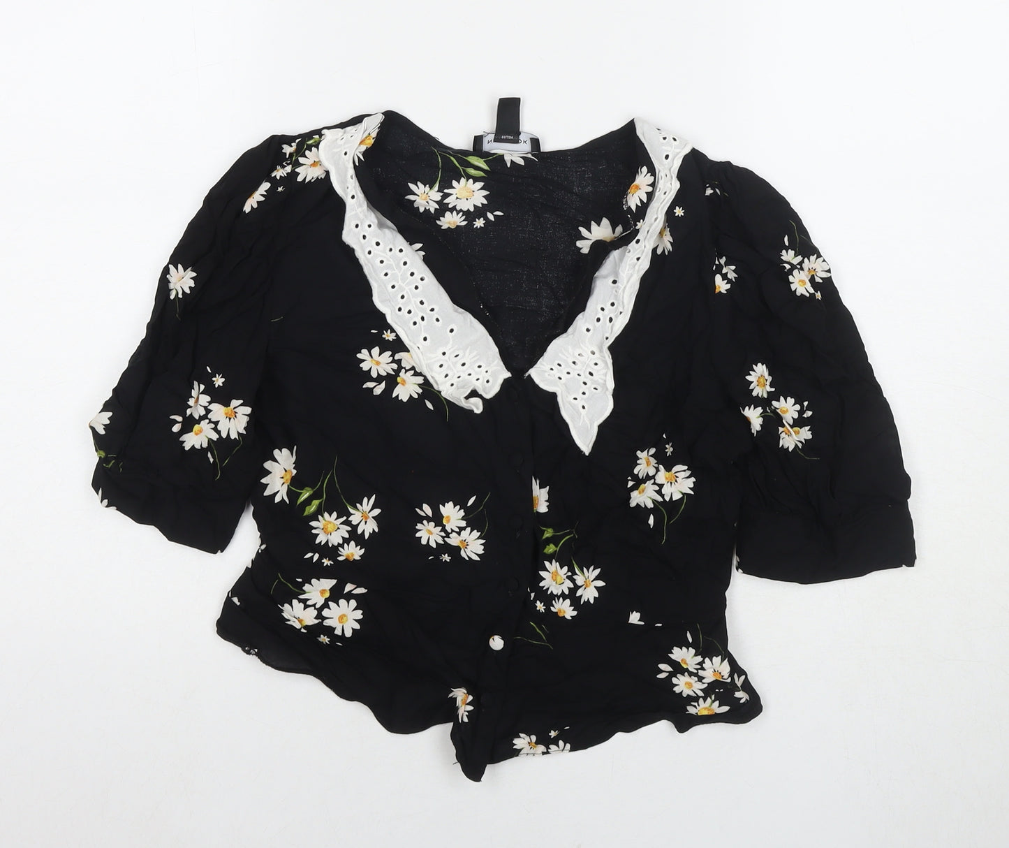 New Look Womens Black Floral Viscose Basic Button-Up Size 12 V-Neck