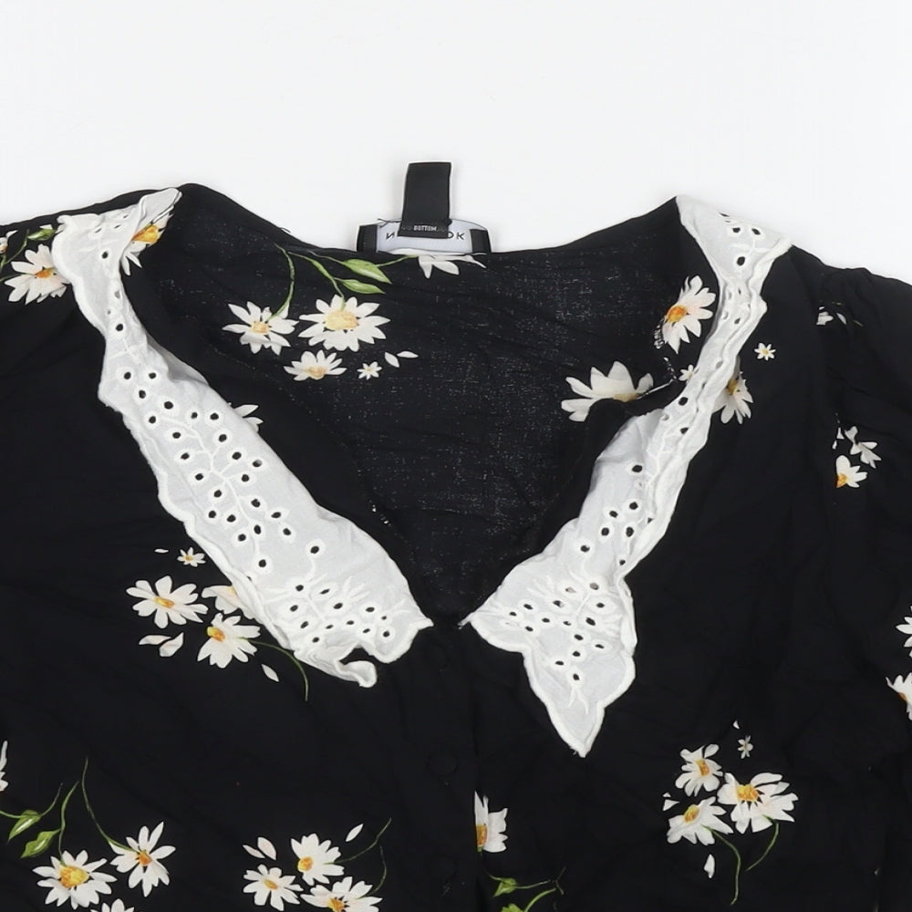 New Look Womens Black Floral Viscose Basic Button-Up Size 12 V-Neck