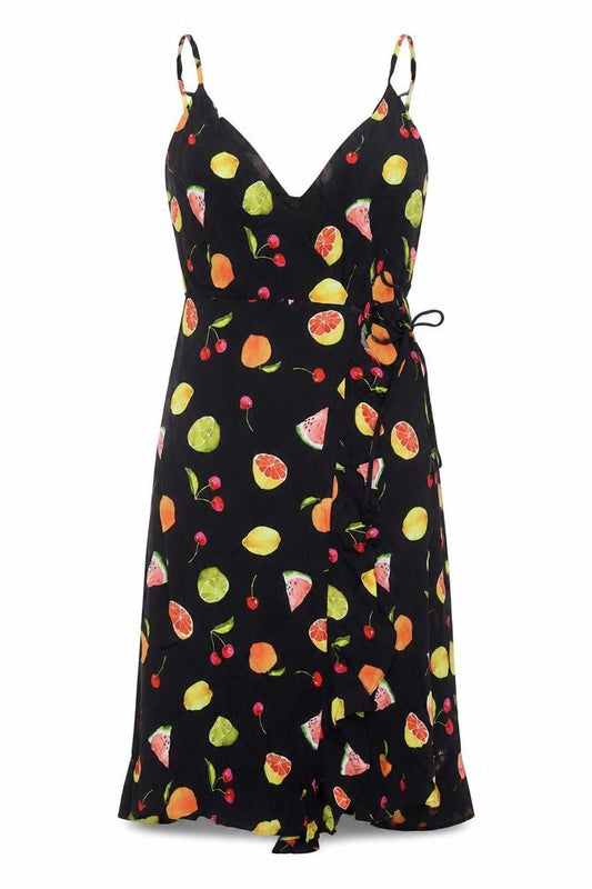 Front view of Rails women’s black geometric viscose wrap dress, size S, v-neck tie