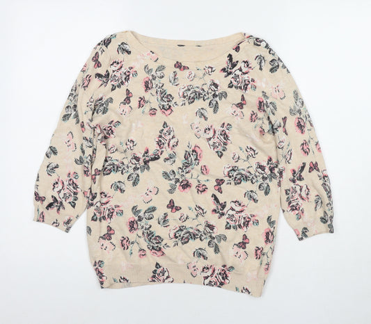 BHS Womens Beige Round Neck Floral Cotton Pullover Jumper Size 10