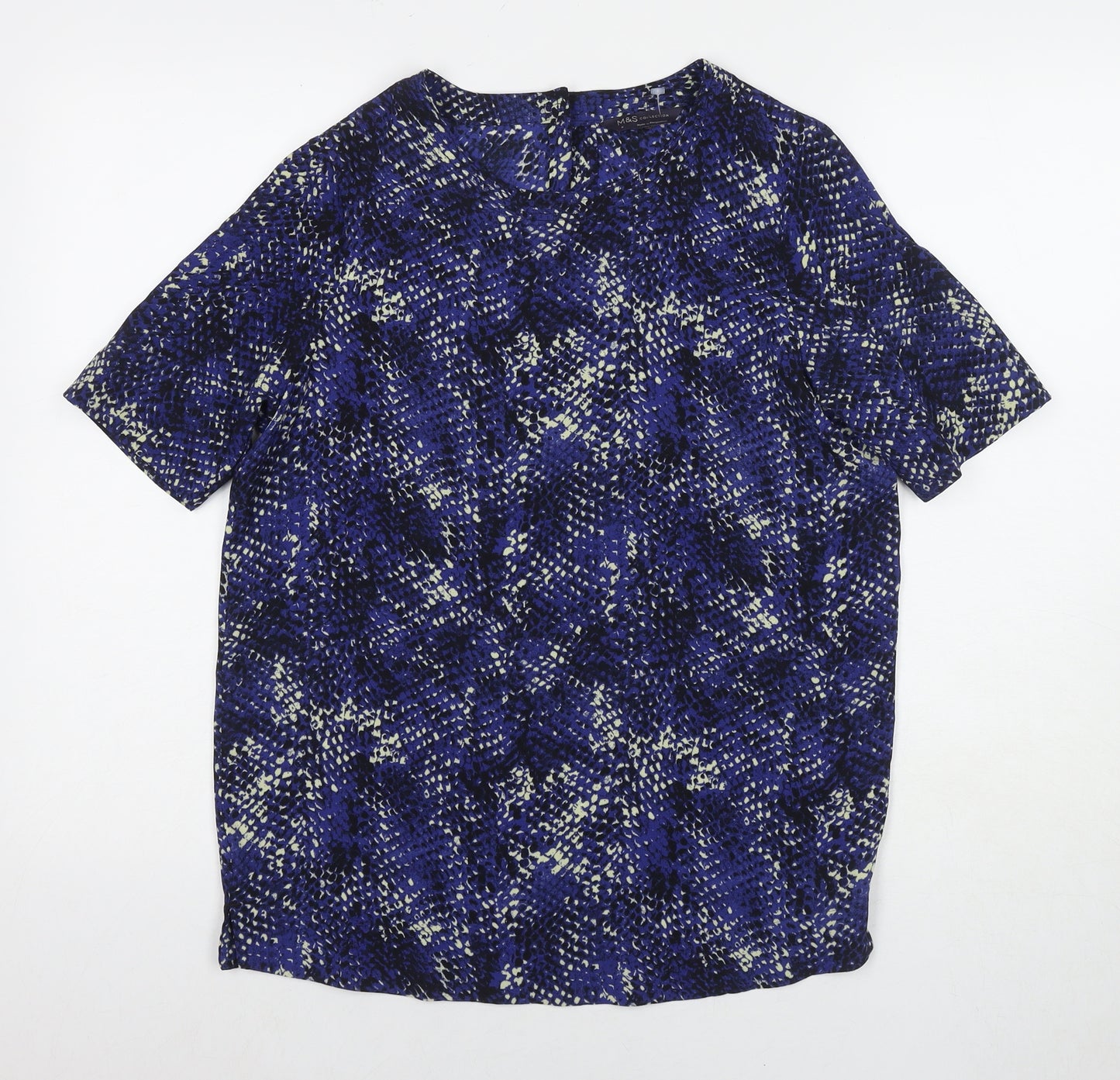 Marks and Spencer Womens Blue Geometric Polyester Basic T-Shirt Size 8 Round Neck