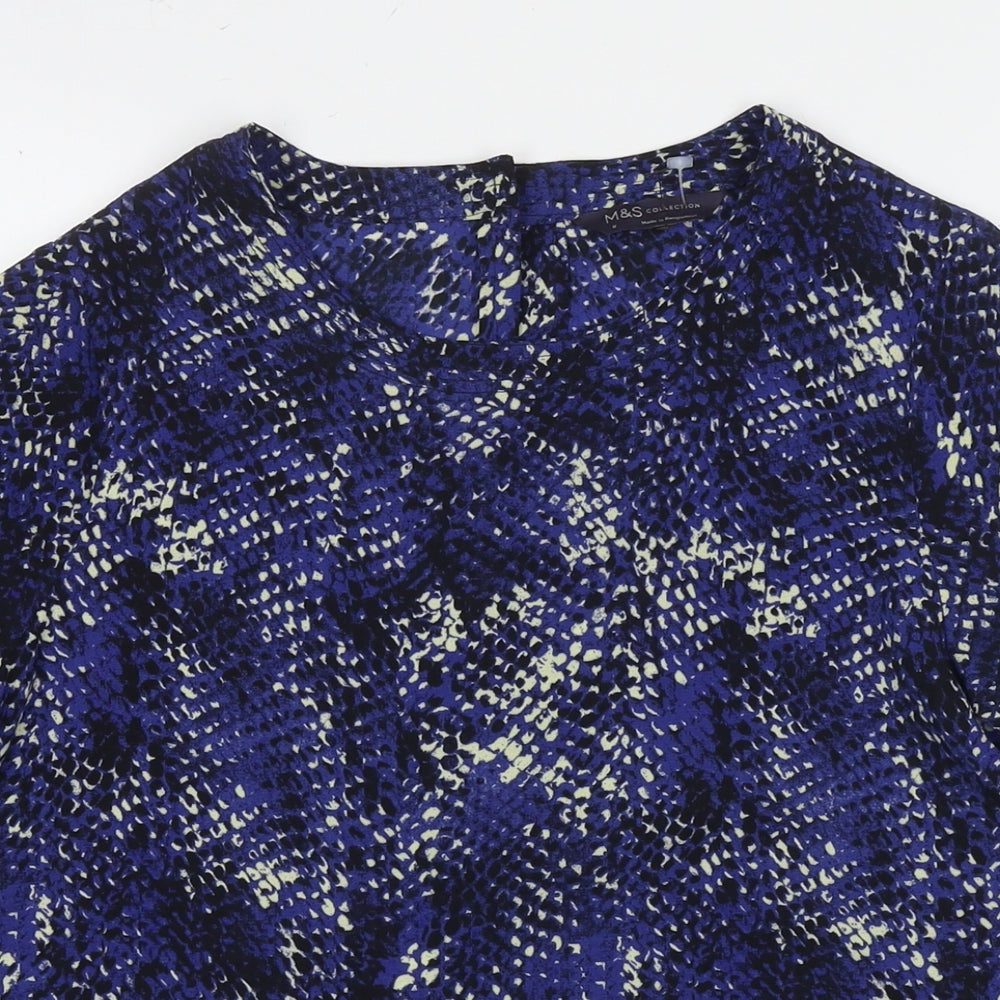 Marks and Spencer Womens Blue Geometric Polyester Basic T-Shirt Size 8 Round Neck